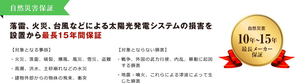 自然災害補償落雷、火災、台風などによる太陽光発電システムの損害を設置から最長15年間保証