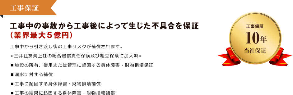 工事保証工事中の事故から工事後によって生じた不具合を保証（業界最大５億円）